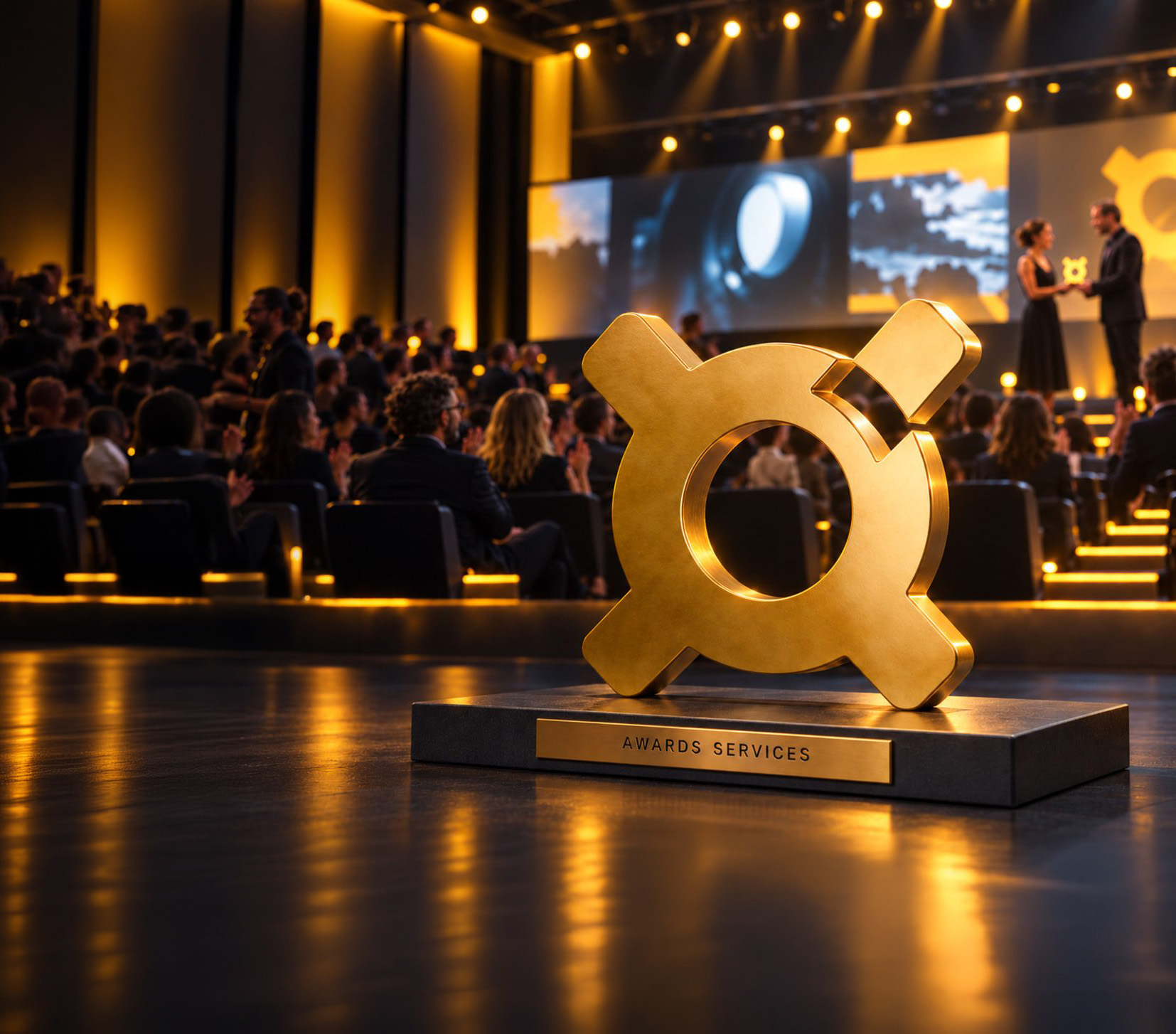 Trofeo dorado con forma de anillo y aspas sobre una base negra con la placa AWARDS SERVICES, en primer plano de un auditorio lleno y un escenario iluminado donde dos presentadores intercambian una estatuilla durante una ceremonia de premiación